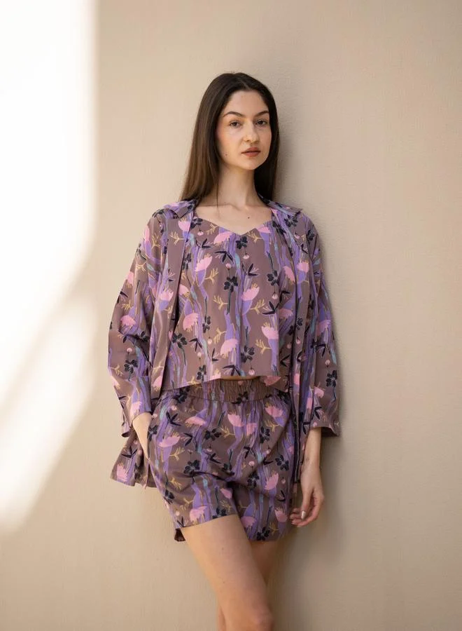 Sanskrutihomes  Pack of 3 - Floral Lapel Collar Cotton Shirt, Cami and Shorts Set for Women | Best Price UAE