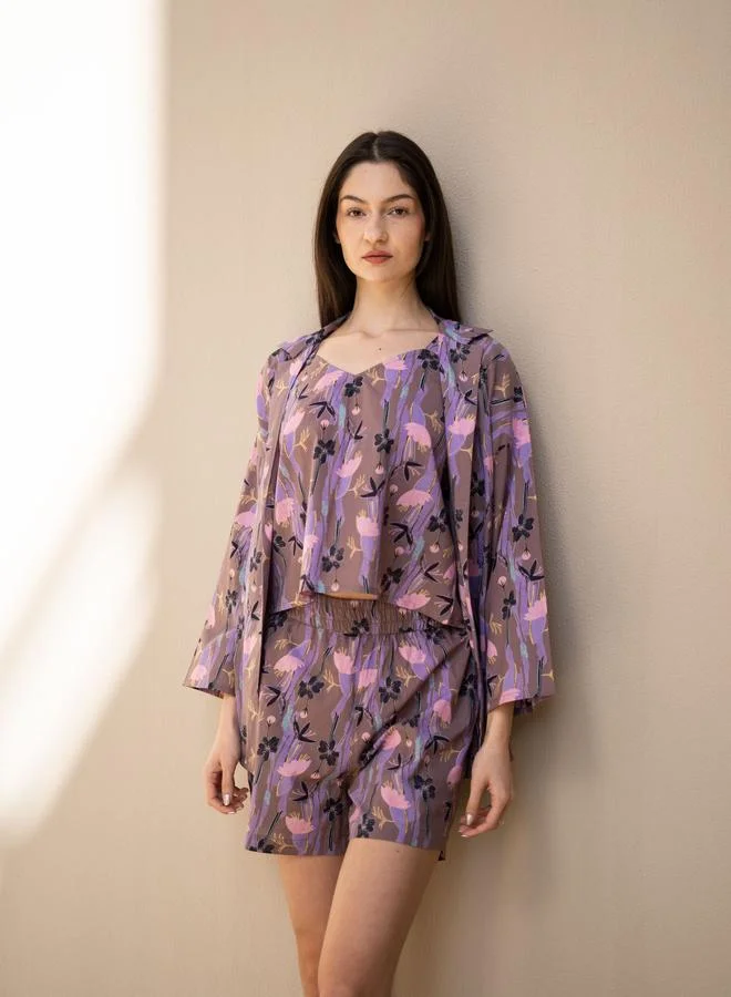 Sanskrutihomes  Pack of 3 - Floral Lapel Collar Cotton Shirt, Cami and Shorts Set for Women | Best Price UAE