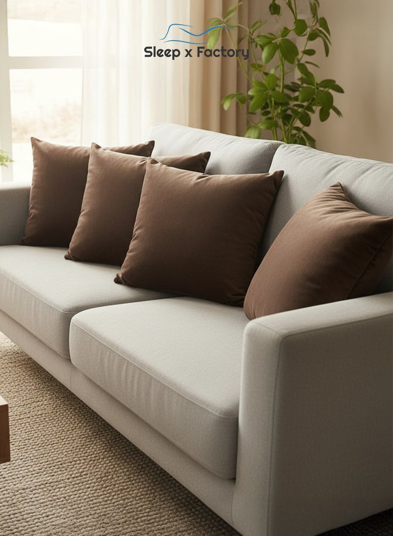 Sleep x Factory Velvet Brown Decorative Cushions – 4 Pack – 45x45 cm – Microfiber Filled Pillow - Image 1