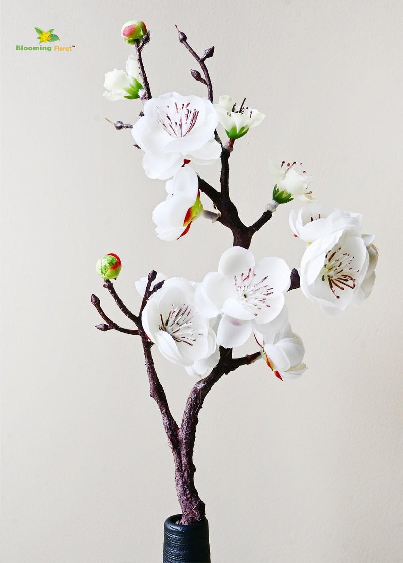 Blooming Floret Artificial Plum Blossom Flower Stick (Set of 2) Perfect for Home Decor, Office, Weddings, Gifting/Natural Looking Flower Stems 36 cm | Durable (White) - Image 1