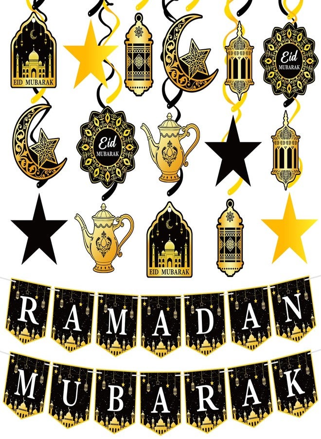 Labrostar 34Pcs Ramadan Decorations Ramadan Decorations for Home Pre-Assembled Mubarak Eid Kareem Muslim Banner Star Moon Lantern Hanging Swirls Decorations for Home Fireplace Indoor Party Supplies - Image 1