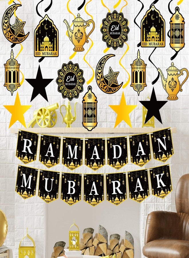 Labrostar 34Pcs Ramadan Decorations Ramadan Decorations for Home Pre-Assembled Mubarak Eid Kareem Muslim Banner Star Moon Lantern Hanging Swirls Decorations for Home Fireplace Indoor Party Supplies - Image 2