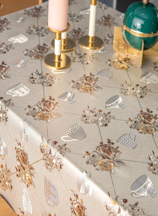 FAVE Heavy Duty Vinyl Tablecloths with Peony Waterproof Oil-Proof PVC Table Cloth Stain-Resistant Wipeable Table cloths for Wedding, Banquet, Birthday, Party, Restaurant Decorations (Gold, 55X78 Inch) - Image 3