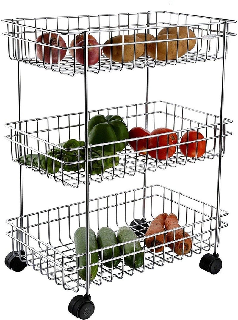 KAVID Stainless Steel 3Tier Fruits Vegetable Onion Trolley Container Basket Organizer Organiser Holder Stand for Kitchen 3 Layer Trolley - Image 1