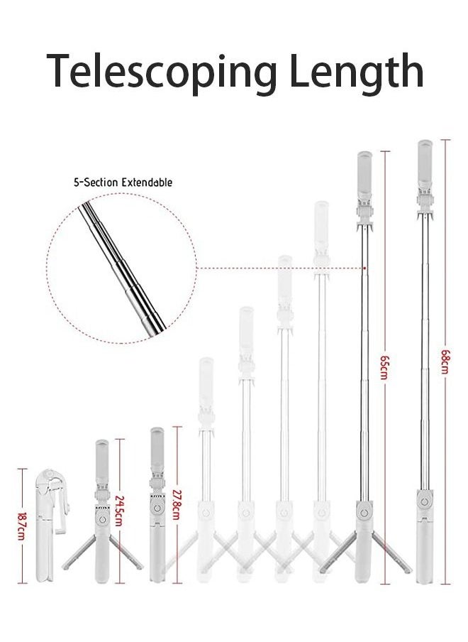 XT09 Bluetooth Selfie Stick,5-Section Extendable Selfie Stick Integrated Universal Phone Holder Tabletop Tripod with BT Remote Controller 10m Wireless Control for Phones,White