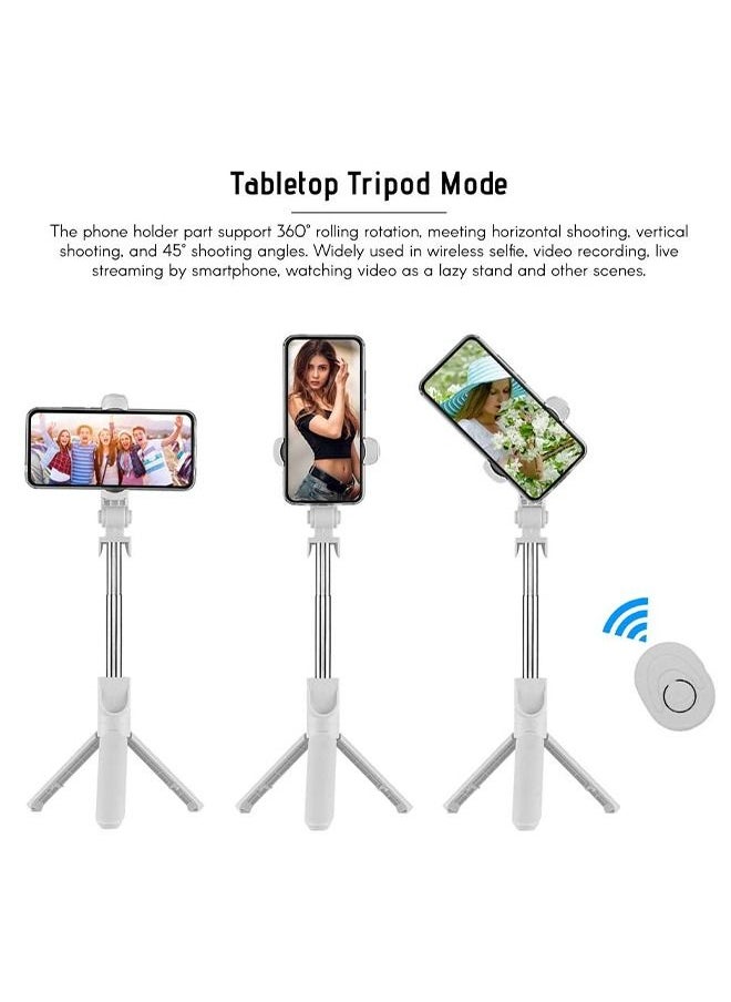 XT09 Bluetooth Selfie Stick,5-Section Extendable Selfie Stick Integrated Universal Phone Holder Tabletop Tripod with BT Remote Controller 10m Wireless Control for Phones,White