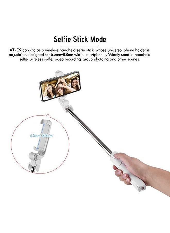 XT09 Bluetooth Selfie Stick,5-Section Extendable Selfie Stick Integrated Universal Phone Holder Tabletop Tripod with BT Remote Controller 10m Wireless Control for Phones,White
