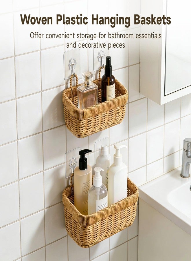 DORMIYA 2-Piece Woven Plastic Hanging Baskets, Wall-Mount Kitchen Organizer with Faux Rattan Weave, Includes Adhesive Hooks, for Fruit, Vegetables, Garlic & Onion Storage - Image 2