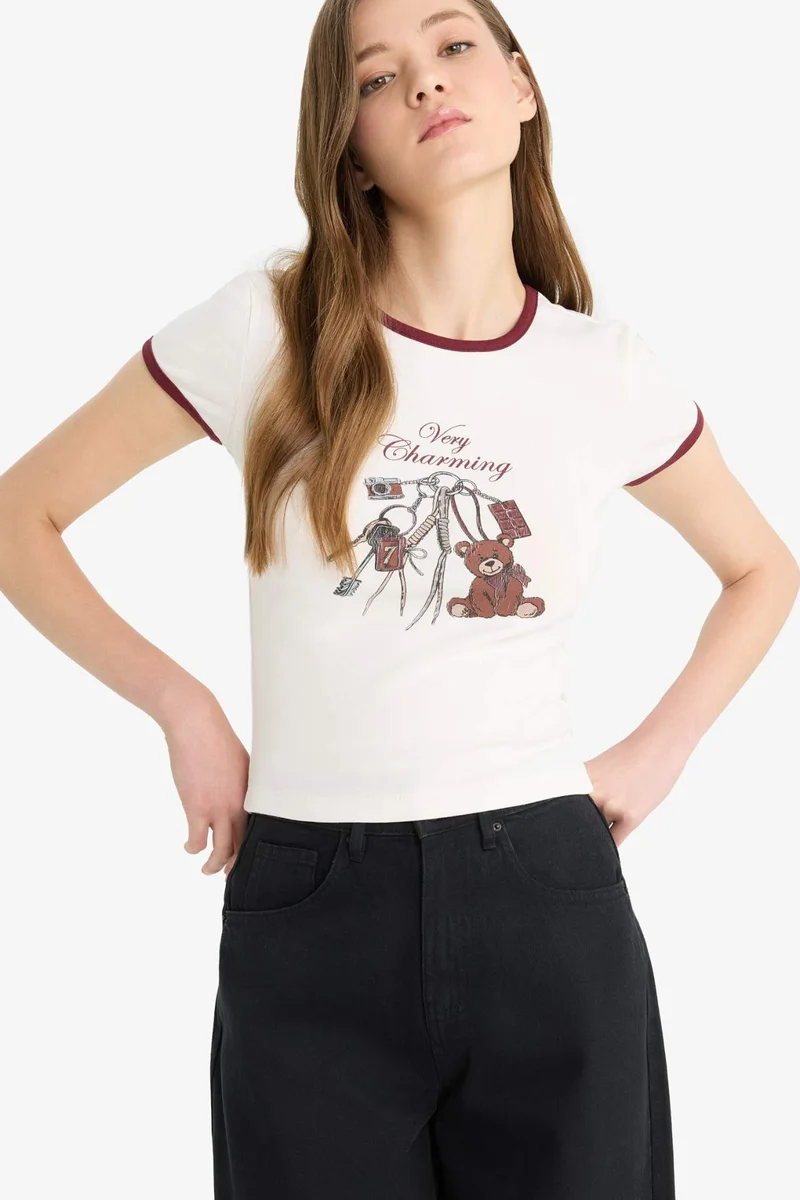 DeFacto Fitted Crew Neck Printed Ribbed Short Sleeve T-Shirt