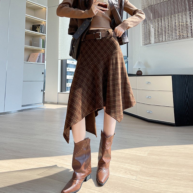 Irregular woolen plaid skirt for women's autumn and winter new retro high-waisted slimming and draping mid-length A-line umbrella skirt - Image 2