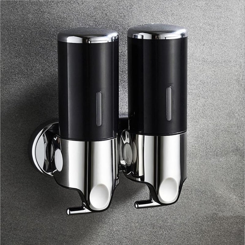 prosfalt 2 Chamber Wall Mounted Bathroom Shower Pump Dispenser and OrganizerHolds Shampoo Soap Conditioner Shower Gel for Bathroom Kitchen Hotel Black 2 Chamber
