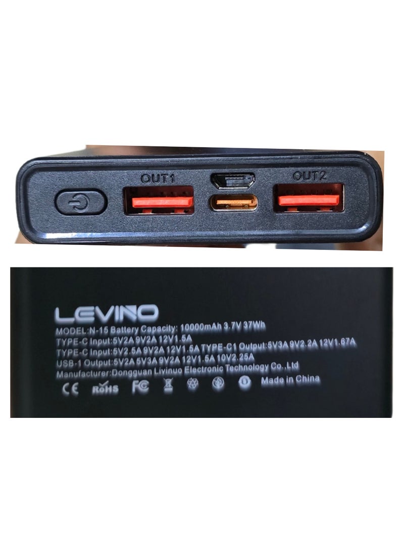 LEVINO 10000mAh Fast Charging Power Bank 22.5W PD – Flight Approved, Ultra-Slim Portable Charger with USB-C In/Out, Dual USB Outputs & Micro Input – Compact External Battery Pack for iPhone 16/15/14, Galaxy S24/S23, Pixel, iPad – Black - Image 2