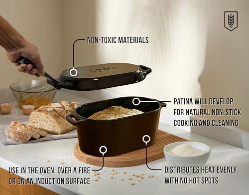 KooK Dutch Oven, for Bread Baking, Sourdough Loaf Pan, with Lid, Dual Handles, Enameled Cast Iron, includes Lid Lever, Dishwasher Safe, 3.4 Qt, Black - Image 3
