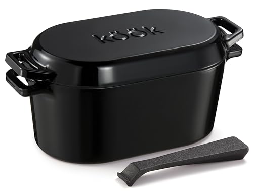 KooK Dutch Oven, for Bread Baking, Sourdough Loaf Pan, with Lid, Dual Handles, Enameled Cast Iron, includes Lid Lever, Dishwasher Safe, 3.4 Qt, Black - Image 1
