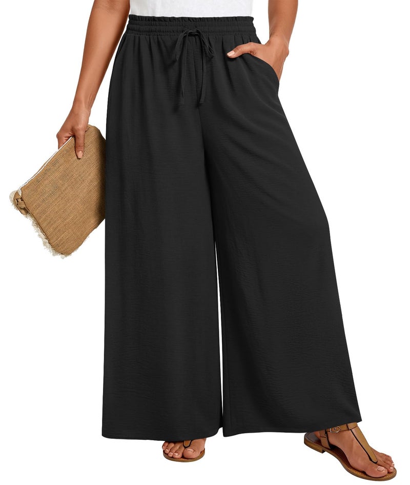 LONGYUAN Womens Plus Size Wide Leg Pants Summer High Waist Casual Long Palazzo Pants Trousers with Pocket Black 5X-Large - Image 2