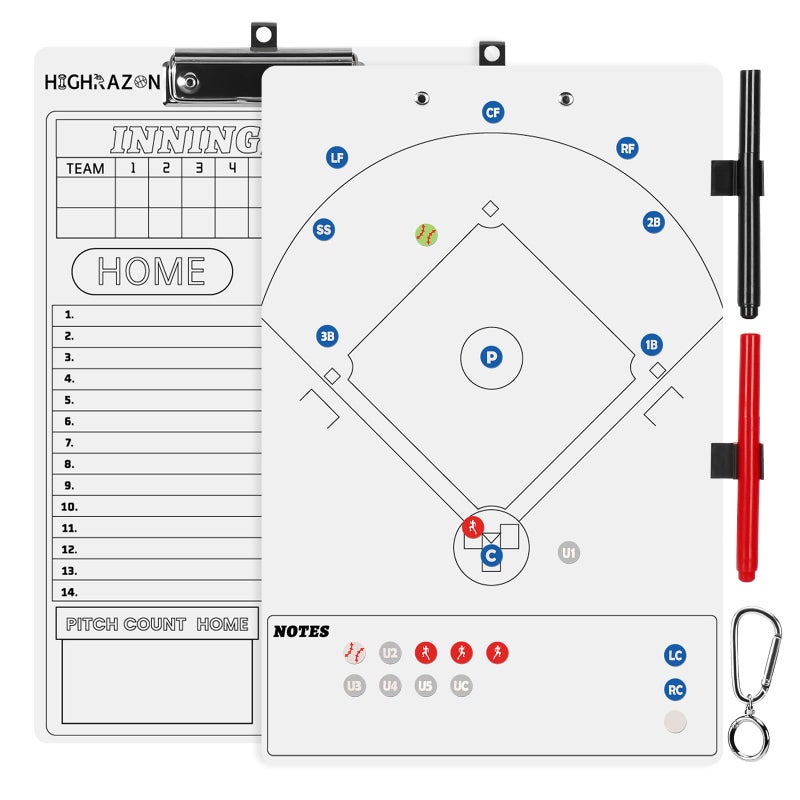 HIGHRAZON Magnetic Baseball Coaches Clipboard, White Double-Sided Dry Erase Coach Board, Tactics Whiteboard with Color Magnetic Sticker and 2 Marker for Coaches Gift - Image 1