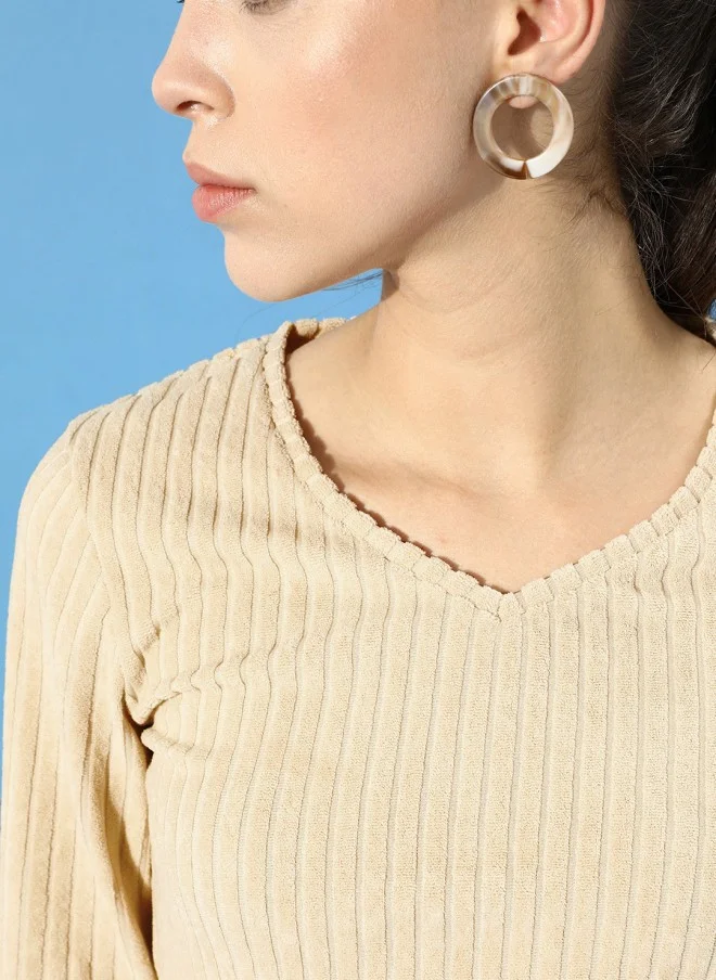 STREET 9 BASICS Classy Beige Solid Cropped Top for Women