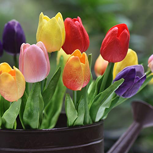 FiveSeasonStuff Real Touch Tulips Artificial Flowers – 15 Stems Faux Tulip Bouquet in Gift Box for Wedding, Home Decor, Party, Floral Arrangements (Rainbow Colors) - Image 2