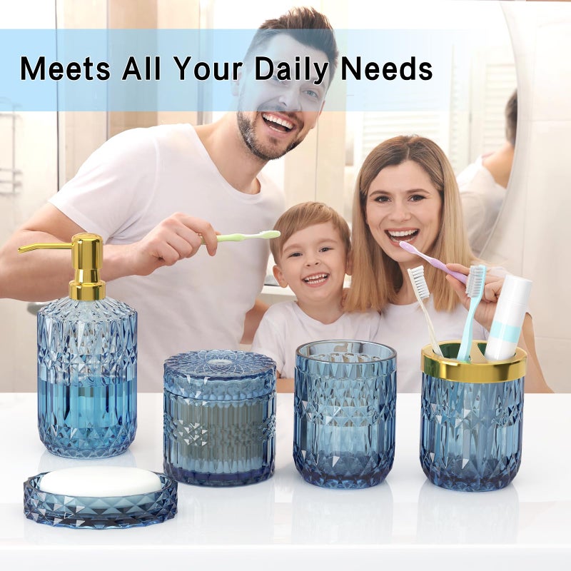 QIQU Blue Bathroom Accessories 5 Pcs, Glass Bathroom Accessory Set, Vintage Blue Bathroom Set, Soap Dispenser and Toothbrush Holder Set, Qtip Holder, Bathroom Sets Complete, Modern Bathroom Decor - Image 2
