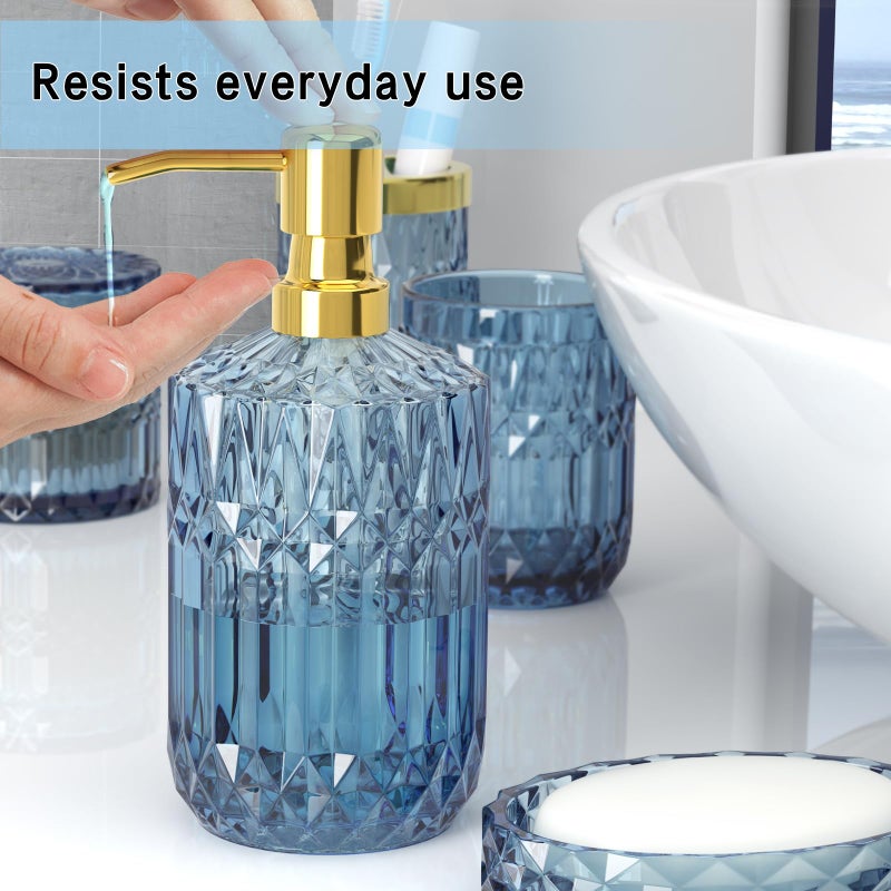 QIQU Blue Bathroom Accessories 5 Pcs, Glass Bathroom Accessory Set, Vintage Blue Bathroom Set, Soap Dispenser and Toothbrush Holder Set, Qtip Holder, Bathroom Sets Complete, Modern Bathroom Decor - Image 5