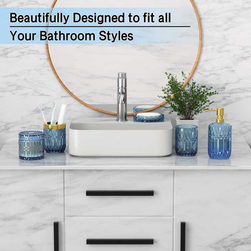 QIQU Blue Bathroom Accessories 5 Pcs, Glass Bathroom Accessory Set, Vintage Blue Bathroom Set, Soap Dispenser and Toothbrush Holder Set, Qtip Holder, Bathroom Sets Complete, Modern Bathroom Decor - Image 3