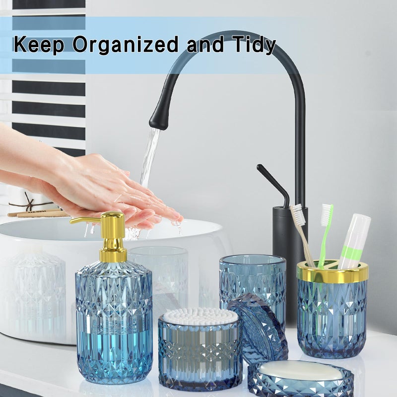 QIQU Blue Bathroom Accessories 5 Pcs, Glass Bathroom Accessory Set, Vintage Blue Bathroom Set, Soap Dispenser and Toothbrush Holder Set, Qtip Holder, Bathroom Sets Complete, Modern Bathroom Decor - Image 4