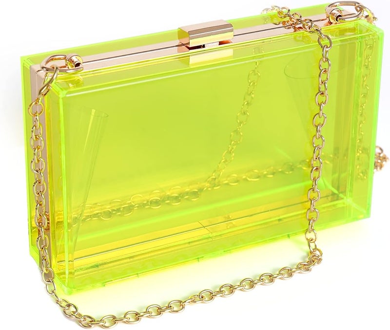 WJCD Women Clear Purse Acrylic Box Clutch Handbag, Small Transparent Crossbody Evening Bag Stadium Approved Gold Chain Strap - Image 1