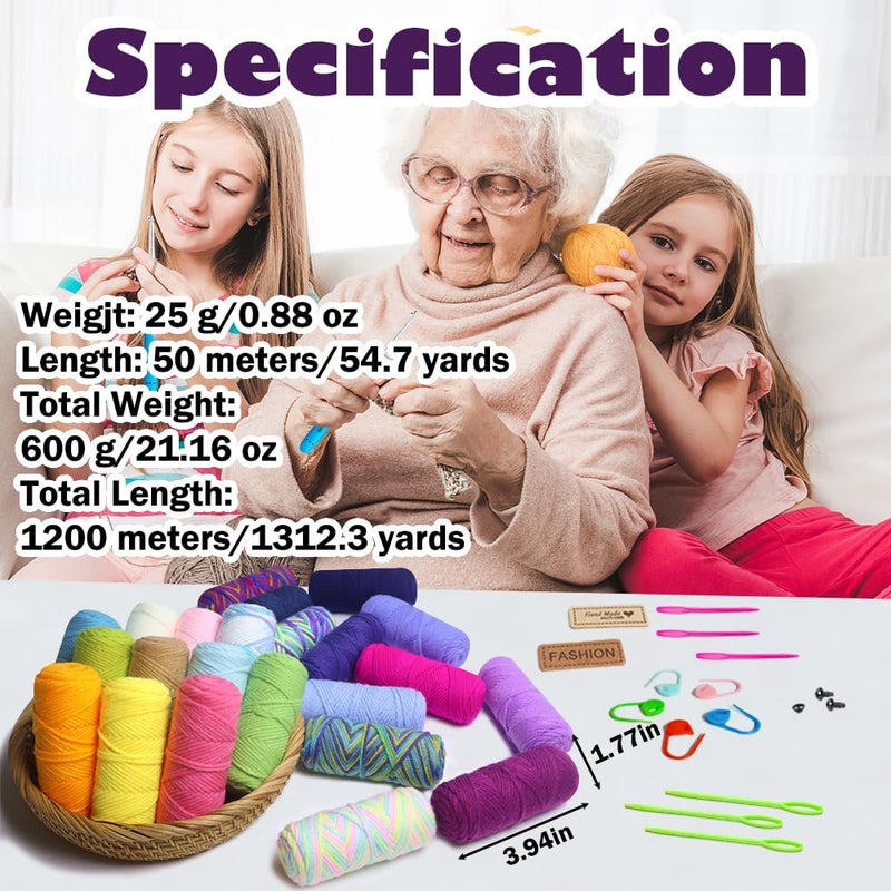 Lewhoo Crochet Kits for Beginner, 1312 Yards Acrylic Yarn Kit for Knitting and Crocheting, 25gÃ—24 Yarn Bundles with Accessories - Image 3