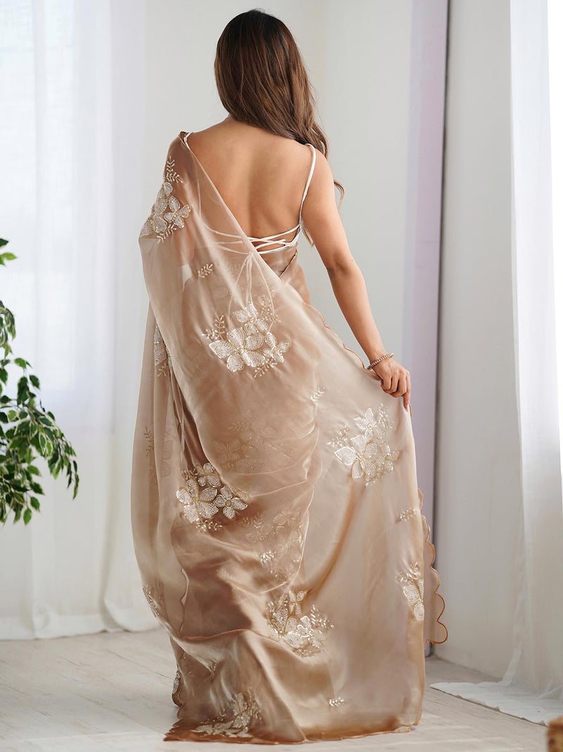 Satrani Women's Shimmer Chiffon Sequins Embroidery Saree with Unstitched Blouse Piece (3997S125N_Beige) - Image 2