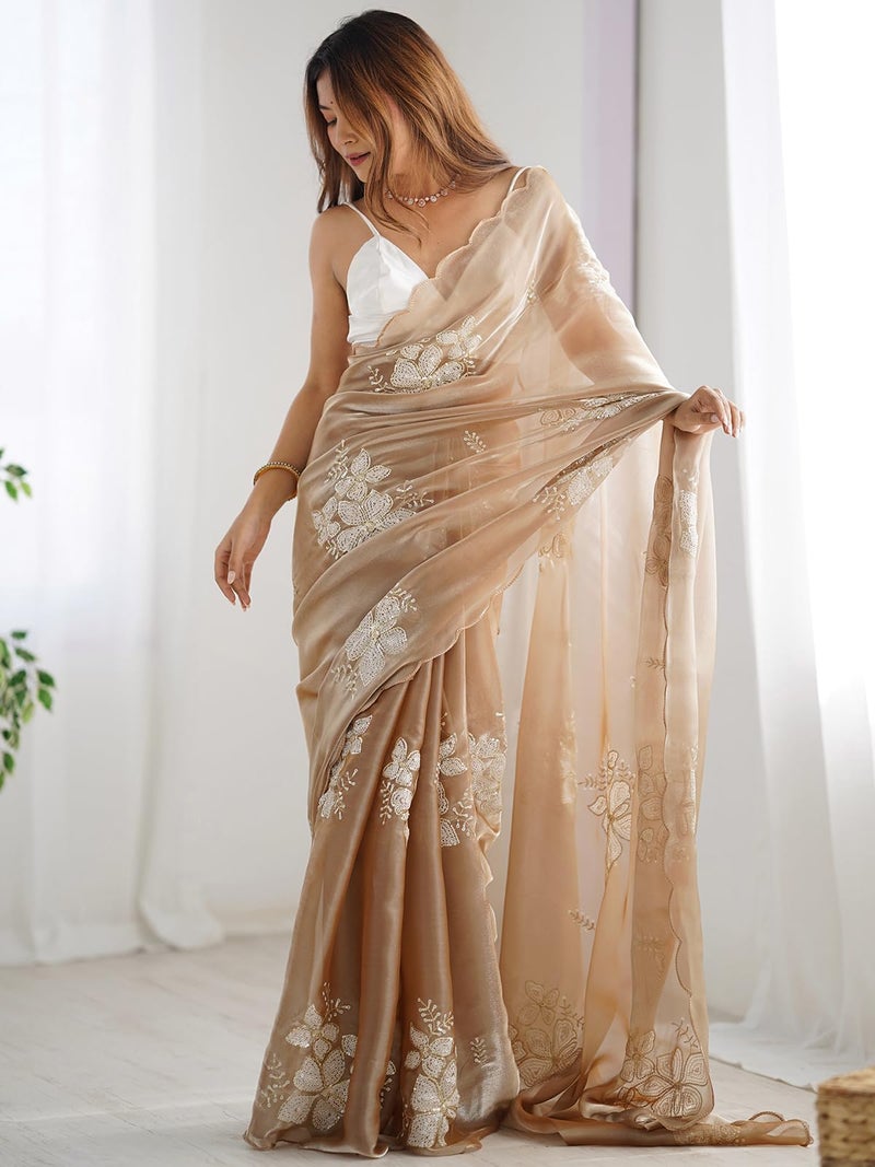 Satrani Women's Shimmer Chiffon Sequins Embroidery Saree with Unstitched Blouse Piece (3997S125N_Beige) - Image 3