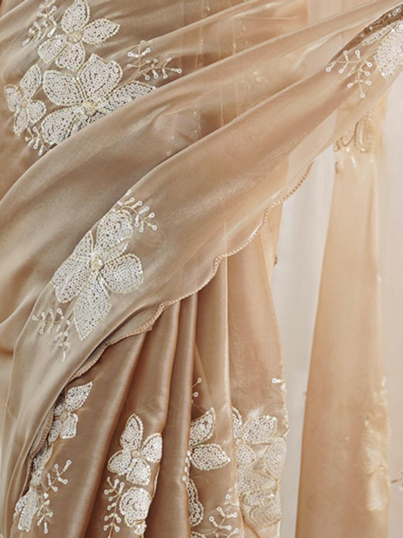 Satrani Women's Shimmer Chiffon Sequins Embroidery Saree with Unstitched Blouse Piece (3997S125N_Beige) - Image 5