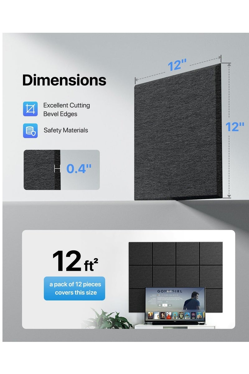 Acoustic Panels Sound Absorbing Self-Adhesive, Acoustic Wall Panels 12 Pack Wall Decoration Soundproof Wall Panels High-Density Sound Proofing Panels Tiles For Walls 12" X 12" X 0.4" - Image 5