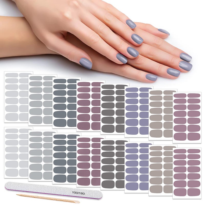 DANNEASY 16 Sheets Nail Wraps for Women Nail Polish Strips Solid Color Self Adhesive Nail Polish Stickers Stick On Nails Nail Art Accessories with 1pc Nail File Cuticle Stick Gray
