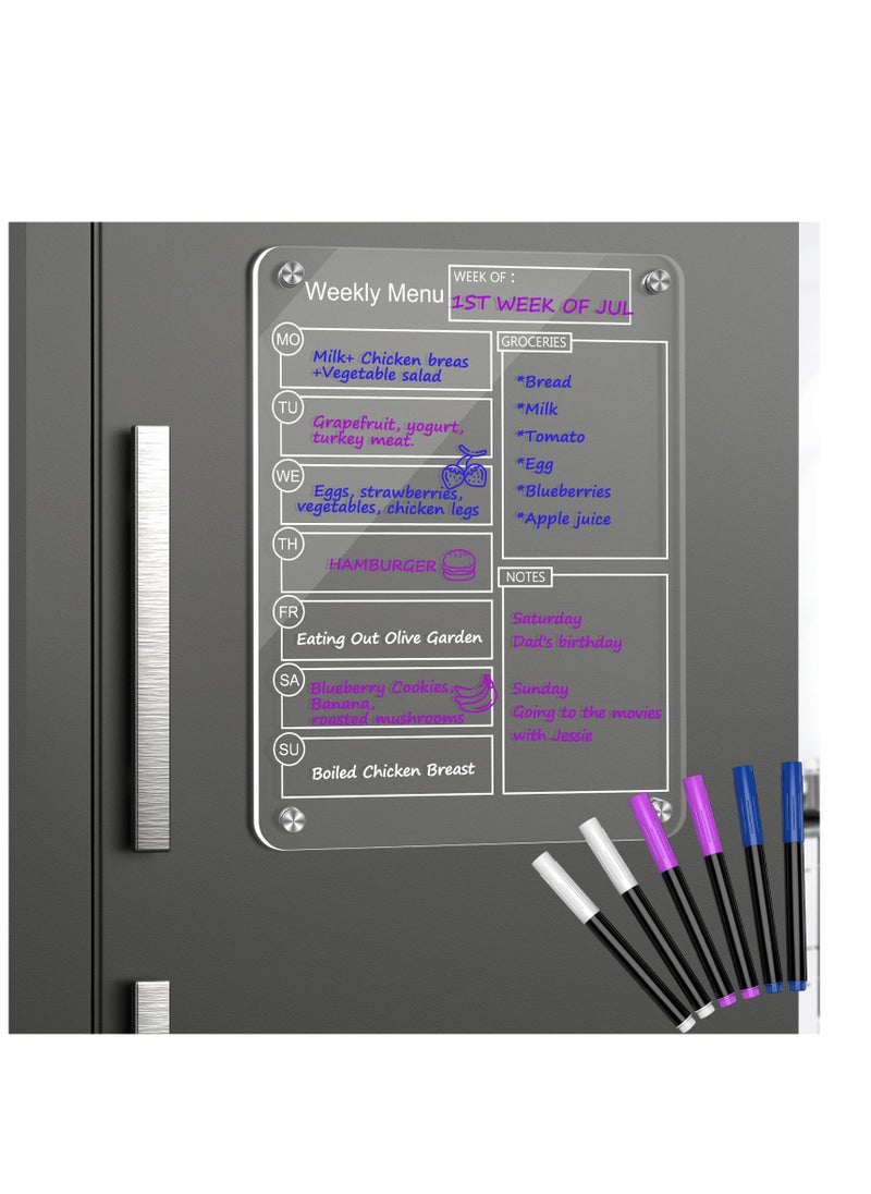 SYOSI - Acrylic Magnetic Dry Erase Board Weekly Calendar for Fridge - 16"x12" Clear Weekly Meal Planner Magnetic Board, Reusable Planning Whiteboard Workout Board Meal Planner Magnetic Includes 6 Markers - Image 1