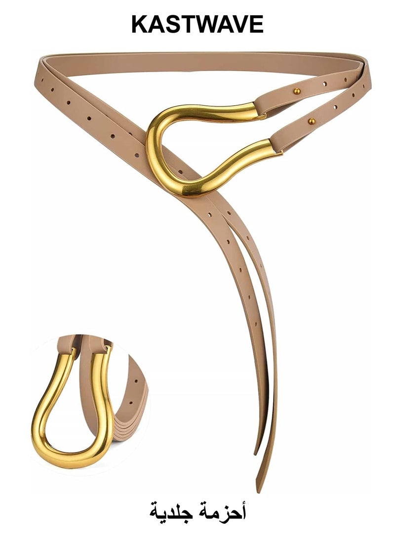 KASTWAVE Skinny Leather Belts, Womens Belts with Double-layer Faux Leather, Large Gold U-Shape Metal Buckle, U-Shaped Thin Waist Belt for Women - Image 1