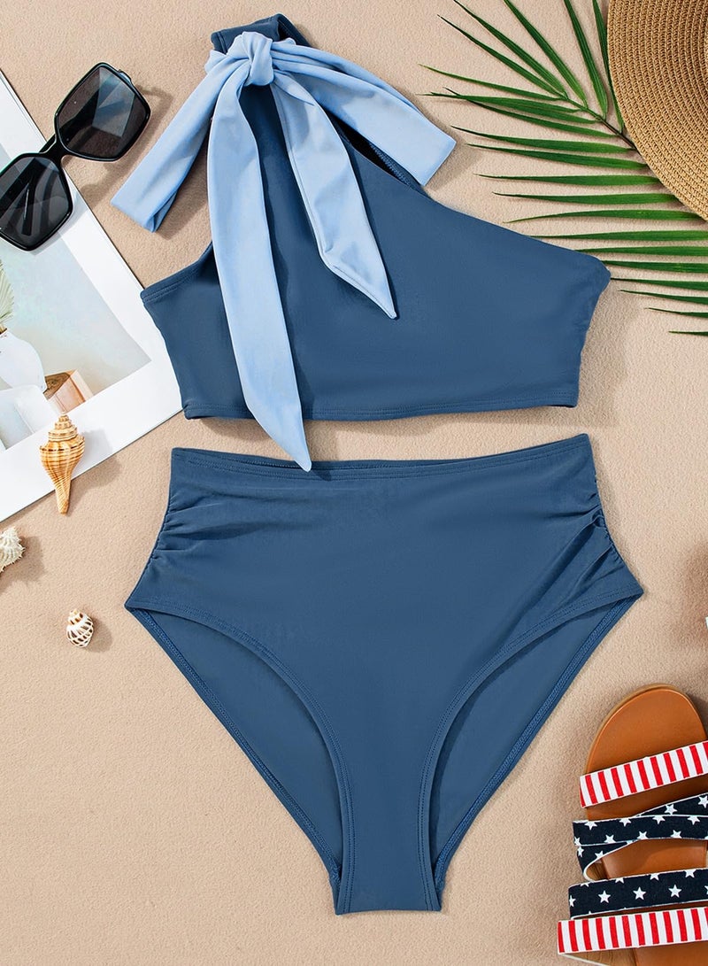 Herseas Women's Asymmetric Bikini Set High Leg Tankini Swimsuit 2026 Summer High Rise Girls Ruched Sporty Bathing Suit Long Torso Blue Hawaiian Beach Vacation Outfits Small - Image 4