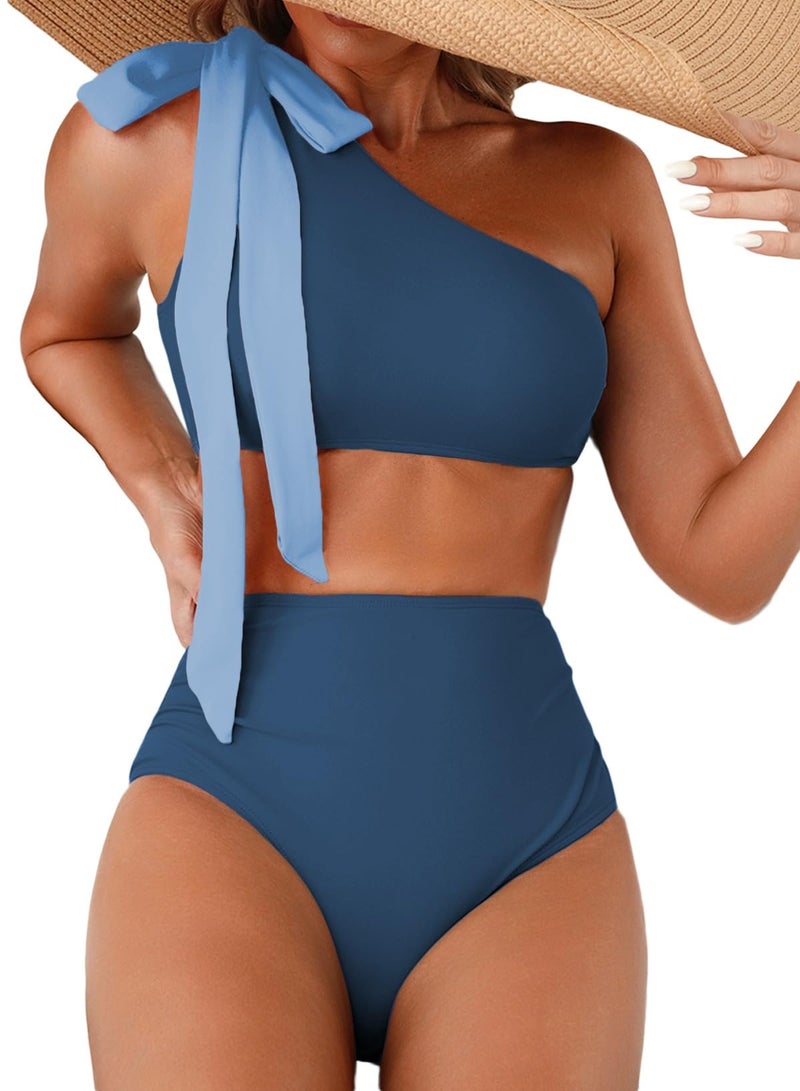 Herseas Women's Asymmetric Bikini Set High Leg Tankini Swimsuit 2026 Summer High Rise Girls Ruched Sporty Bathing Suit Long Torso Blue Hawaiian Beach Vacation Outfits Small - Image 1