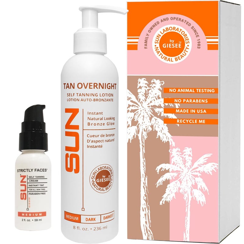 Sun Laboratories By Giesee Self Tanning Kit with 8 oz Tan Overnight Self Tanning Lotion and 2 oz Sunless Tanning Face Cream  Odorless NonToxic Self Tanner for Fair to Medium Skin