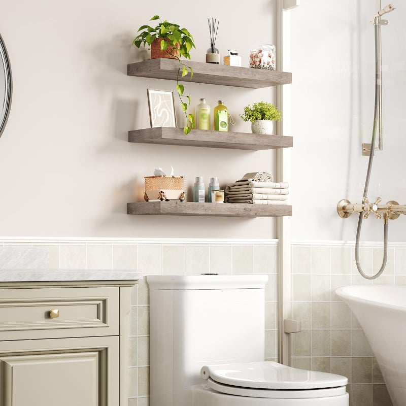 RALGEND Floating Shelves for Wall, 1.5" Thick Wall Shelf Set of 3 with Invisible Brackets, 23.6L x 7.9W Hanging Book Shelves Farmhouse Home Decor for Bathroom, Living Room, Bedroom, Greige 6301BJP3BG - Image 3
