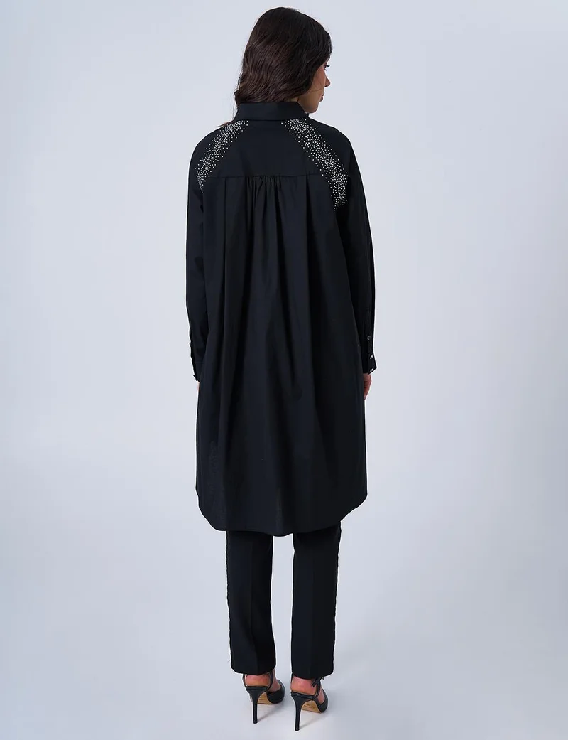 Kayra Hotfix Printed Poplin Tunic Black