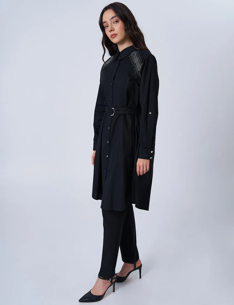 Kayra Hotfix Printed Poplin Tunic Black