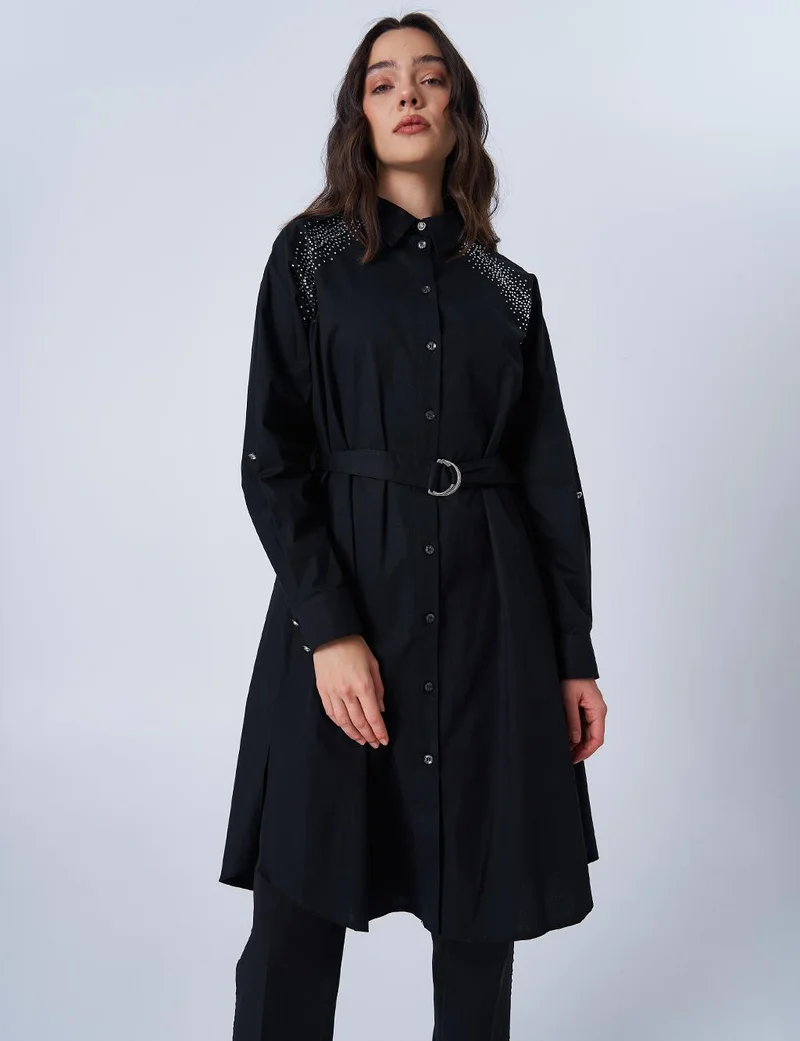 Kayra Hotfix Printed Poplin Tunic Black