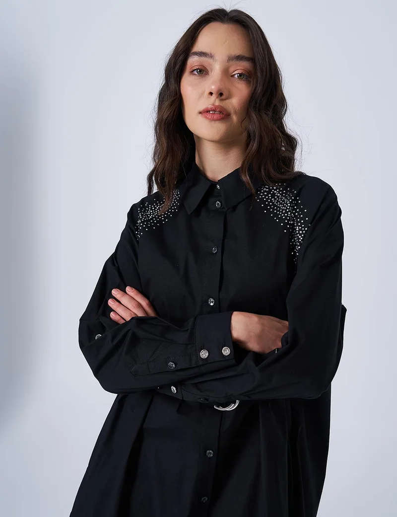 Kayra Hotfix Printed Poplin Tunic Black