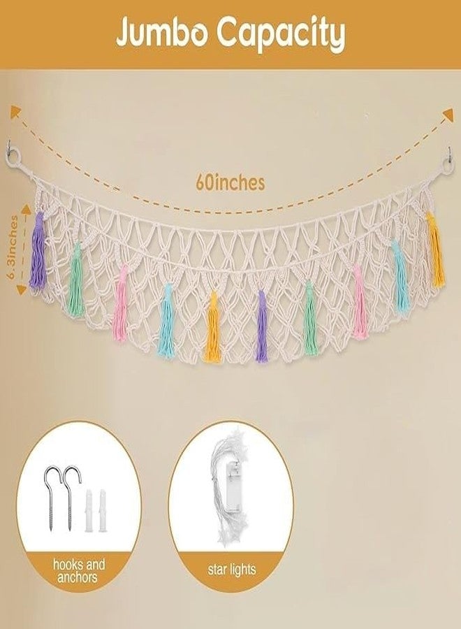Urooz Macrame Stuffed Animal Hammock Jumbo, Large Toy Corner Hanging Net With Star Lights for Boho Kids Room Nursery Playroom - Cotton, White, 150 x 120 x 2.5 Cm - Image 5
