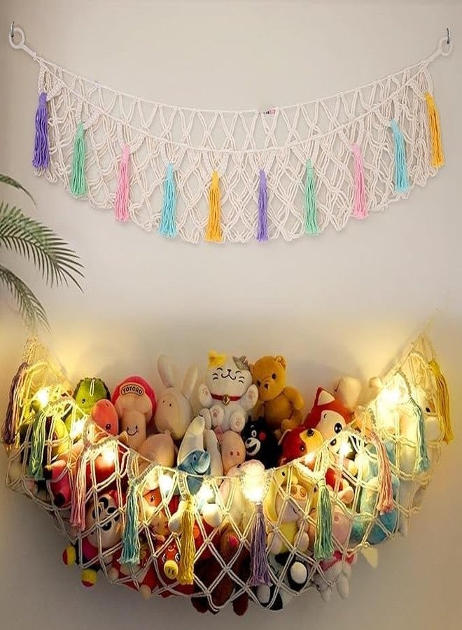 Urooz Macrame Stuffed Animal Hammock Jumbo, Large Toy Corner Hanging Net With Star Lights for Boho Kids Room Nursery Playroom - Cotton, White, 150 x 120 x 2.5 Cm - Image 1