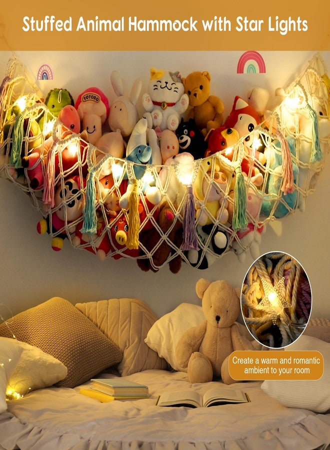 Urooz Macrame Stuffed Animal Hammock Jumbo, Large Toy Corner Hanging Net With Star Lights for Boho Kids Room Nursery Playroom - Cotton, White, 150 x 120 x 2.5 Cm - Image 2
