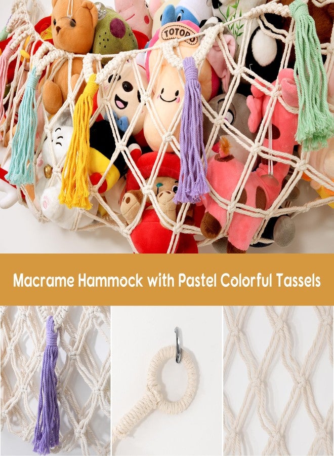 Urooz Macrame Stuffed Animal Hammock Jumbo, Large Toy Corner Hanging Net With Star Lights for Boho Kids Room Nursery Playroom - Cotton, White, 150 x 120 x 2.5 Cm - Image 4