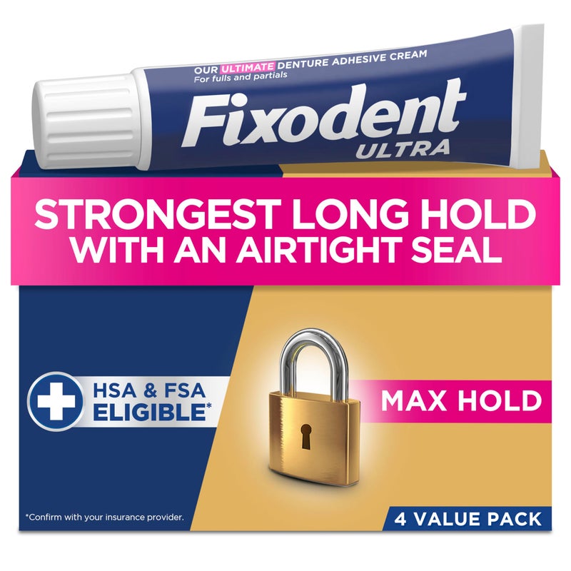 Fixodent Ultra Max Hold Secure Denture Adhesive Cream for Full and Partial Denture Wearers 22oz Pack of 4