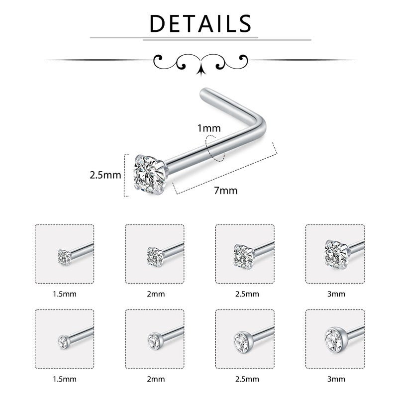 D.Bella 18G 20G 22G L Shaped Nose Studs Surgical Stainless Steel 1.5mm 2mm 2.5mm 3mm CZ Nose Rings For Women - Image 2