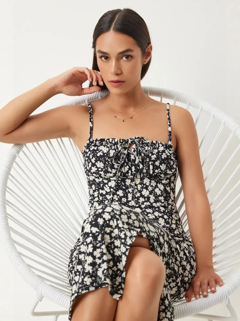 Happiness İstanbul ISTANBUL Floral Ribbed Bodycon Midi Dress with Slit